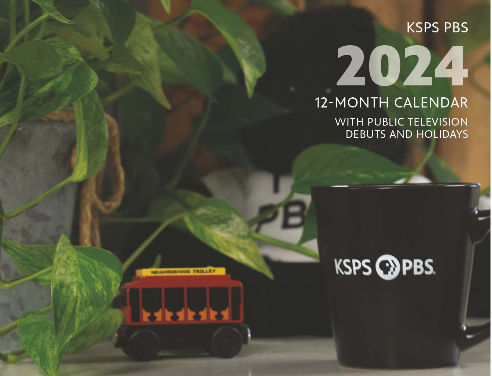 Calendario de pared KSPS PBS 2024 con debuts, aniversarios y cumpleaños en la televisión pública