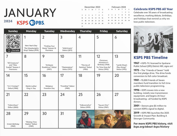 Calendario de pared KSPS PBS 2024 con debuts, aniversarios y cumpleaños en la televisión pública